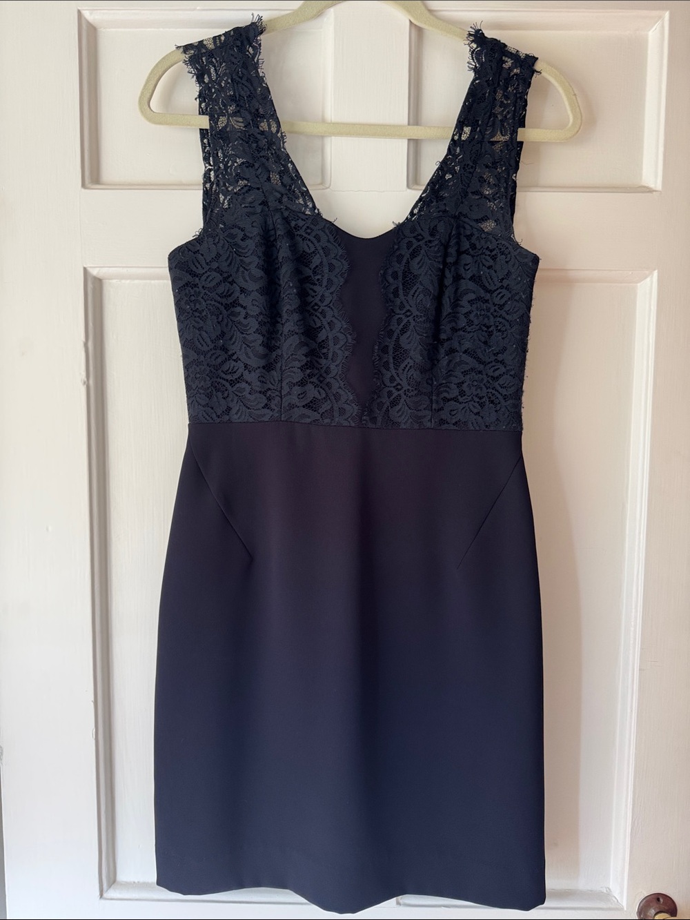 Lace-Detail Mini Sheath Dress in Navy